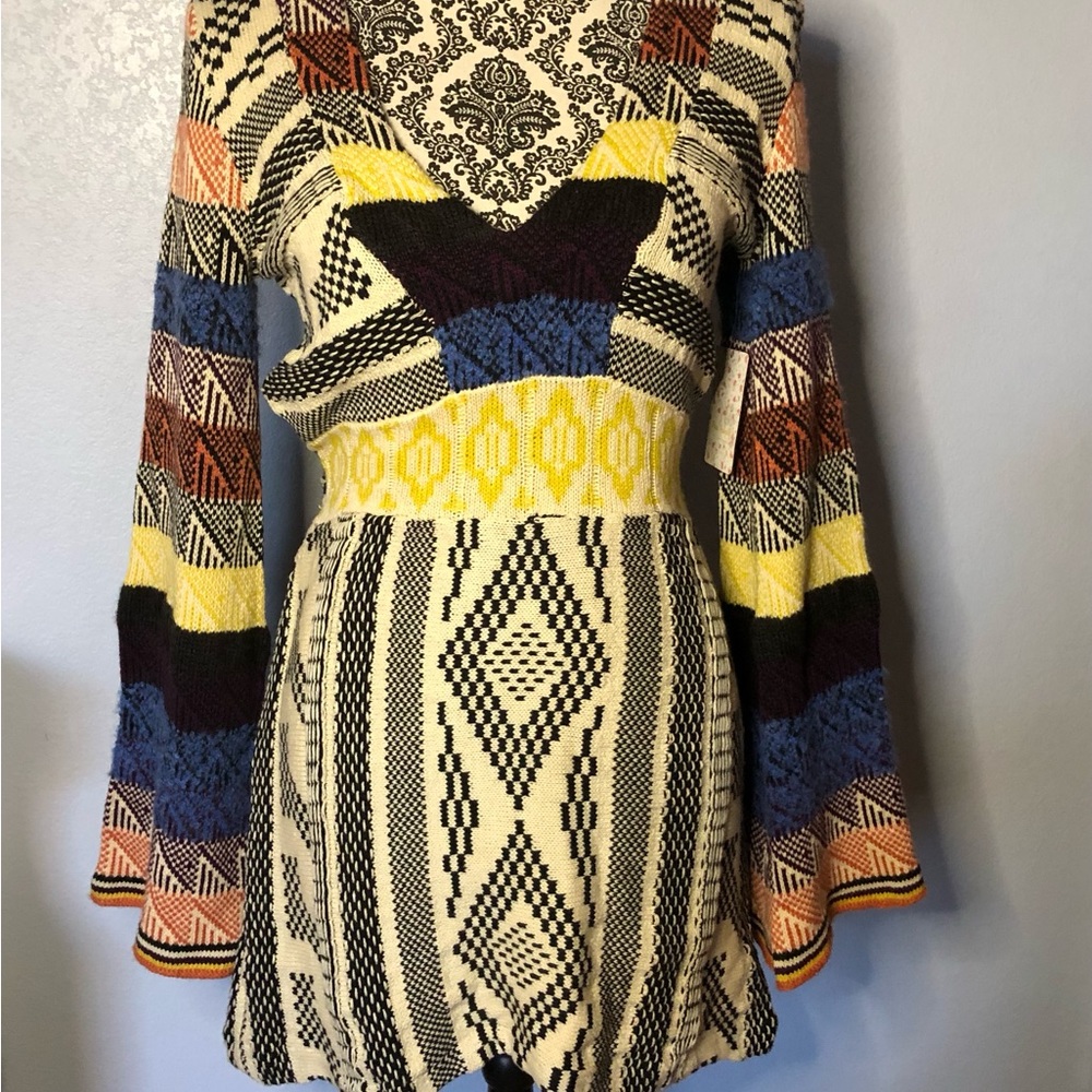 Free People Knit Sweater Mini Dress Long Bell Sleeves Multicolor